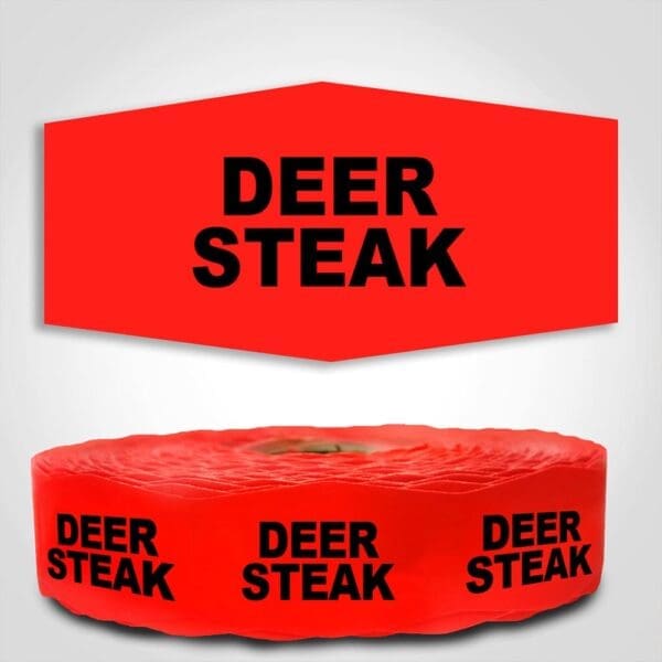 Deer Steak Label Red Dayglo Sticker on a roll of 1000 labels, reads Deer Steak in black print on red label