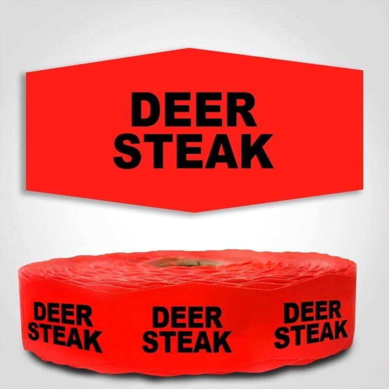 590916 Deer Steak Label Red Dayglo Sticker on a roll of 1000 labels, reads Deer Steak in black print on red label