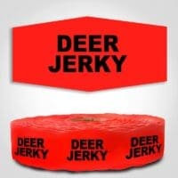 Deer Jerky Label Red Dayglo Sticker on a roll of 1000 labels, reads Deer Jerky in black print on red label