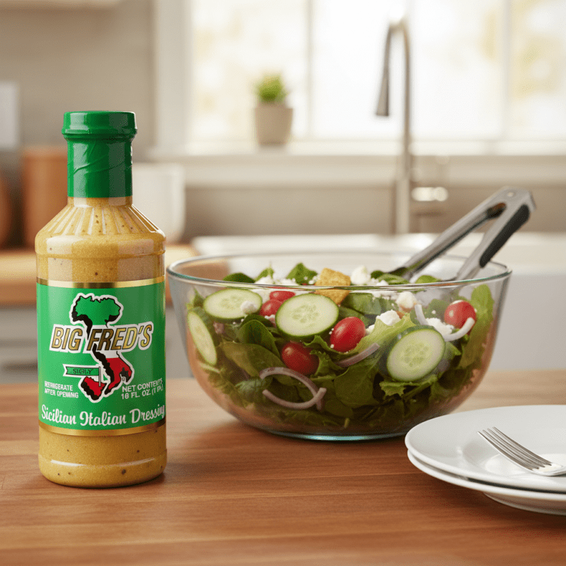 Big Freds Italian Dressing next to salad