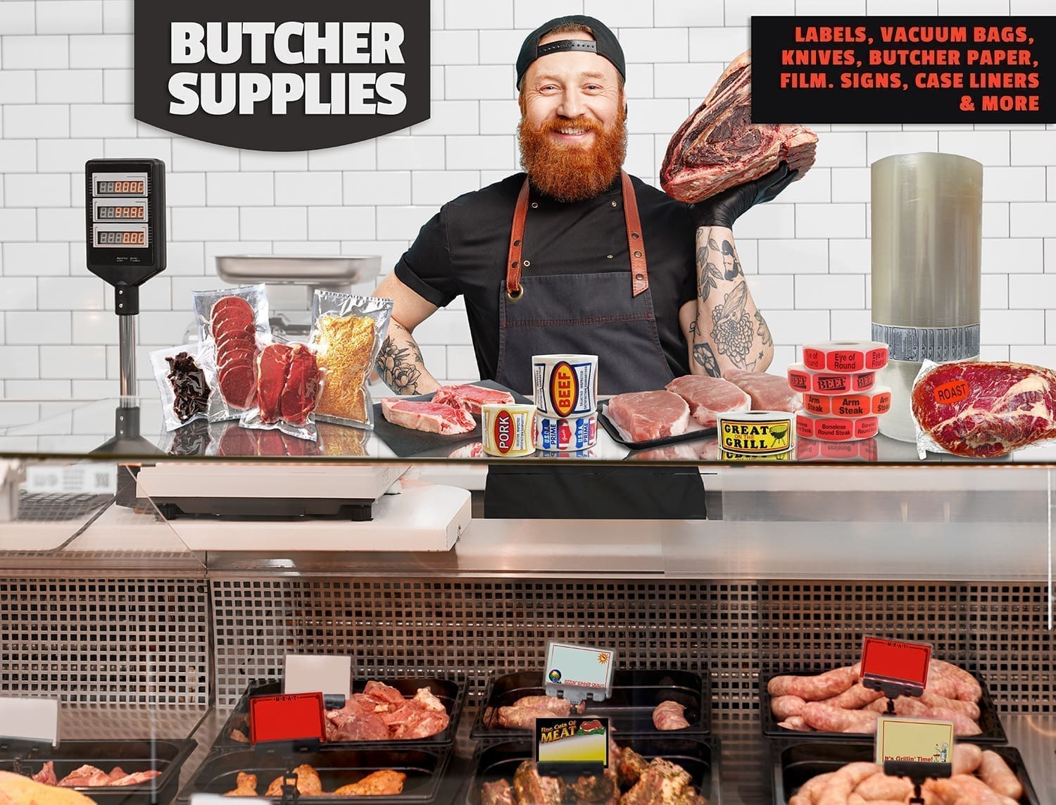 Butcher Supplies, butcher with butcher supplies from brenmarco.com around him