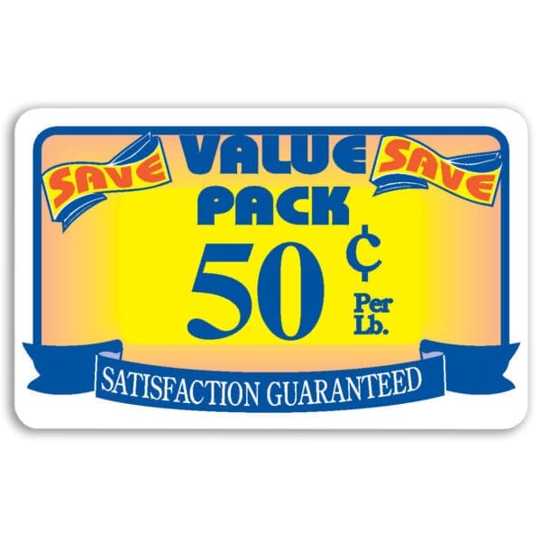 Value Pack Labels 50 cents Off per lb. Coupon Stickers on a Roll of 500, With Yellow, Blue and Red Print.