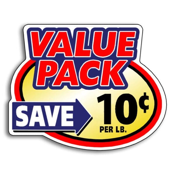 Value Pack Labels Save 10 cents Off per lb. Coupon Die Cut Stickers on a Roll of 500, With Yellow, Blue and Red Print.