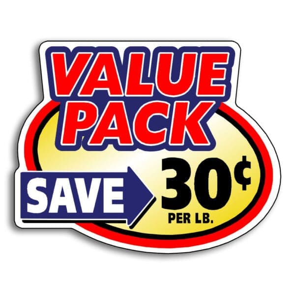 Value Pack Labels Save 30 cents Off per lb. Coupon Die Cut Stickers on a Roll of 500, With Yellow, Blue and Red Print.