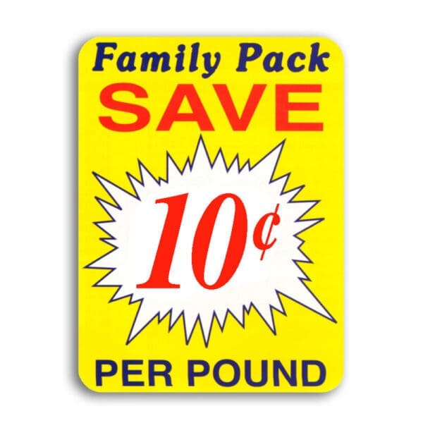 Family Pack Labels Save 10 cents Off per lb. Coupon Stickers on a Roll of 500, With Yellow, Blue and Red Print.