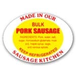 Bulk Pork Sausage label, Oval sticker with ingredients with yellow background and red text