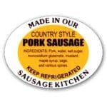 Country Style Pork Sausage label, Oval sticker with ingredients with orange background and black text
