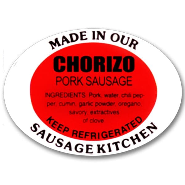Chorizo Pork Sausage label, Oval sticker with ingredients with red background and black text