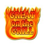 Great on the grill label on a die cut sticker with flames in the background