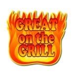 Great on the grill label on a die cut sticker with flames in the background