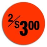 2 for $3.00 Pricing Label Round Red Sticker with black print