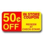 50 cents off coupon label in store sticker for marking product as discounted