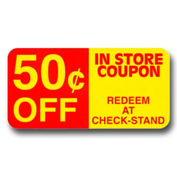50 cents off coupon label in store sticker for marking product as discounted