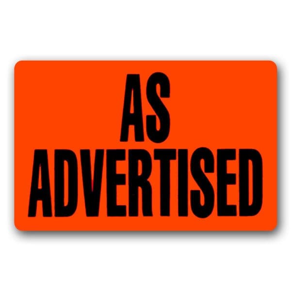 As advertised label, rectangle red sticker promotional label with large black print
