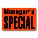 Manager's Special label, rectangle red sticker for promotions