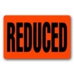 Reduced label, rectangle red sticker for promotions to show reduced price