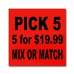Pick 5 for $19.99 Mix or Match Label on square sticker with red background and black print