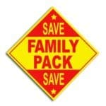 Family Pack label promotional sticker with diamond shape promoting bulk savings