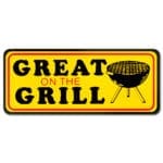 Great on the grill label yellow sticker with black and red text and picture of grill