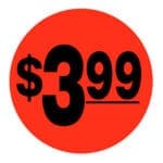$3.99 Pricing Label Round Red Sticker with black print
