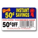 50 cents Coupon Label with Instant Savings text and barcode for easy coupon checkout