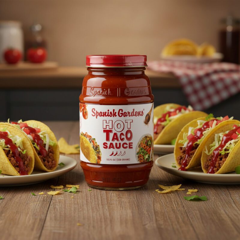 Spanish Garden’s Hot Taco Sauce 11.5 ounce jar in a pack of 12
