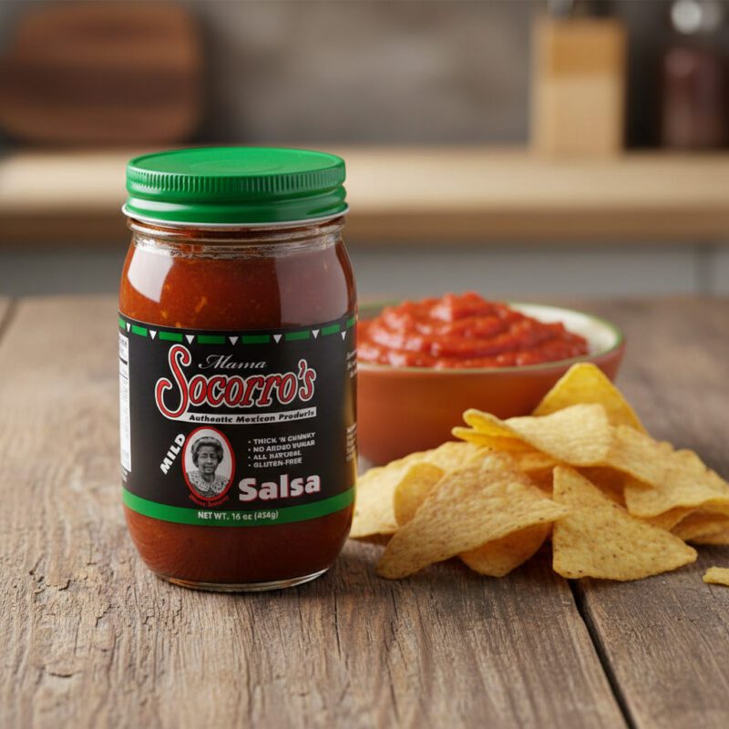 50640-Mama-Socorro’s-Mild-Salsa-16-oz Mama Socorro’s Mild Salsa in a 16 ounce jar packed 12 per case