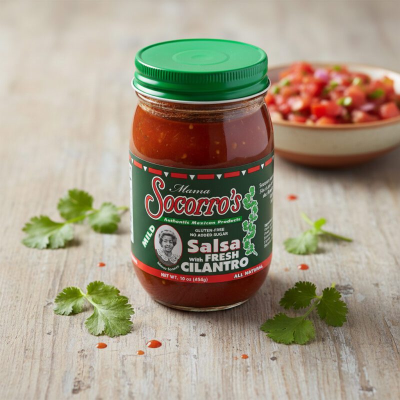 50643-Mama-Socorro’s-Mild-Salsa-with-Fresh-Cilantro-16-oz Mama Socorro’s Mild Salsa with fresh cilantro in a 16 ounce jar packed 12 per case