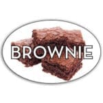 Brownie Label Flavor Oval Sticker with Brownies pictured in the background with the word Brownie printed on top