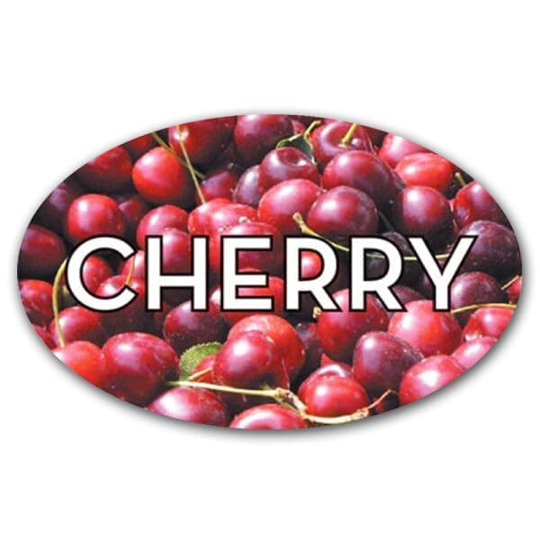 Cherry Label Flavor Oval Sticker with Cherries pictured in the background with the word Cherry printed on top