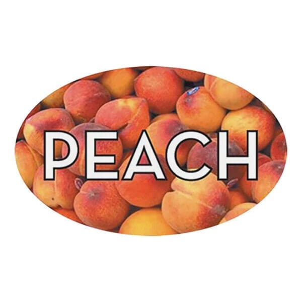 Peach Label Flavor Oval Sticker with Peaches pictured in the background with the word Peach printed on top