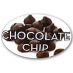 Chocolate Chip Label Flavor Oval Sticker with Chocolate Chips pictured in the background with the word Chocolate Chip printed on top