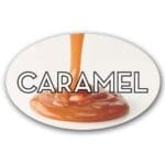 Caramel Label Flavor Oval Sticker with Caramel pictured in the background with the word Caramel printed on top