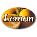 Lemon Label Flavor Oval Sticker with Sliced Lemons pictured in the background with the word Lemon printed on top