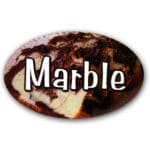 Marble Cake Label Flavor Oval Sticker with Marble Cake pictured in the background with the word Marble printed on top
