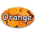 Orange Label Flavor Oval Sticker with sliced oranges pictured in the background with the word Orange printed on top