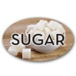 Sugar Cookie Label Flavor Oval Sticker with sugar cubes pictured in the background with the word Sugar printed on top