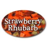 Strawberry Rhubarb Pie Label Flavor Oval Sticker with Strawberry Rhubarbs pictured in the background with the word Strawberry Rhubarb printed on top