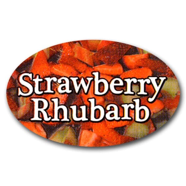 Strawberry Rhubarb Pie Label Flavor Oval Sticker with Strawberry Rhubarbs pictured in the background with the word Strawberry Rhubarb printed on top