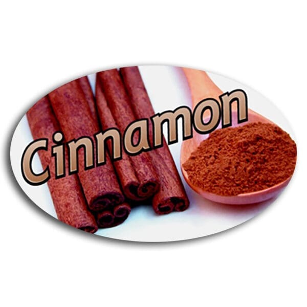Cinnamon Label Flavor Oval Sticker with Cinnamon Sticks pictured in the background with the word Cinnamon printed on top