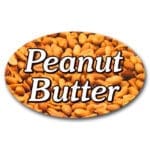 Peanut Butter Label Flavor Oval Sticker with Peanuts pictured in the background with the word Peanut Butter printed on top