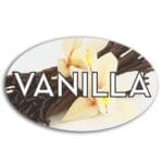 Vanilla Label Flavor Oval Sticker with Vanilla pictured in the background with the word Vanilla printed on top
