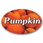 Pumpkin Pie Label Flavor Oval Sticker with Pumpkins pictured in the background with the word Pumpkin printed on top