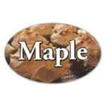 Maple Label Flavor Oval Sticker with Maple Frosted Cupcakes pictured in the background with the word Maple printed on top