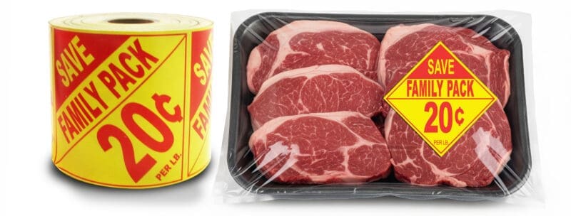 Roll of Family Pack Labels next to ground beef tray in supermarket display