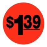 $1.39 Label Round Red Sticker with black print- 500/roll
