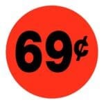 69 Cents Label Round Red Sticker with black print - 500/roll