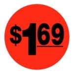 $1.69 Label Round Red Sticker with black print- 500/roll