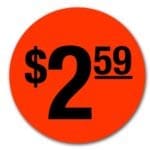 $2.59 Label Round Red Sticker with black print - 500/roll