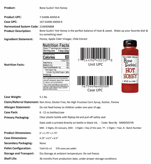Bone Suckin Hot Honey 12 oz - 6/case